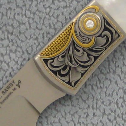 Scott Sawby Custom Knife Mother of Pearl Buttonlock Engraved by Julie Warenski - Image 3