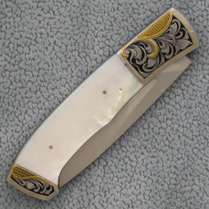 Scott Sawby Custom Knife Mother of Pearl Buttonlock Engraved by Julie Warenski - Image 2