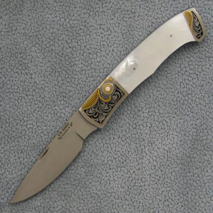 Scott Sawby Custom Knife Mother of Pearl Buttonlock Engraved by Julie Warenski