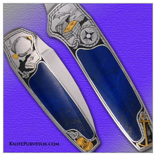 Scott Sawby's Custom Knife: Lapis Lazuli Inlaid Merlin Button Lock Engraved by Ray Cover Jr. - Image 2