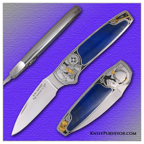 Scott Sawby's Custom Knife: Lapis Lazuli Inlaid Merlin Button Lock Engraved by Ray Cover Jr.