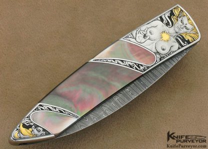 Scott Sawby Custom Knife Black Lip Tahitian Pearl Shell Skimmer with Mike Norris Stainless Steel Damascus Engraved by Jon Robyn - Image 2