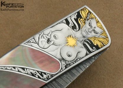 Scott Sawby Custom Knife Black Lip Tahitian Pearl Shell Skimmer with Mike Norris Stainless Steel Damascus Engraved by Jon Robyn - Image 3