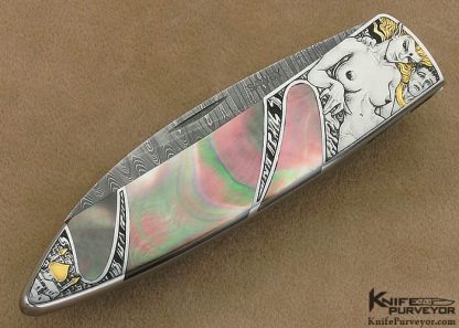 Scott Sawby Custom Knife Black Lip Tahitian Pearl Shell Skimmer with Mike Norris Stainless Steel Damascus Engraved by Jon Robyn - Image 5