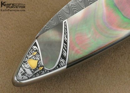 Scott Sawby Custom Knife Black Lip Tahitian Pearl Shell Skimmer with Mike Norris Stainless Steel Damascus Engraved by Jon Robyn - Image 7