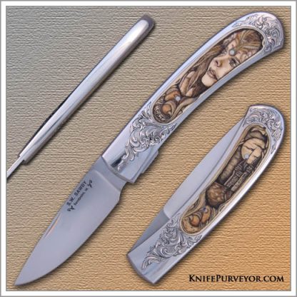 Scott Sawby's Custom Knife: Mammoth Ivory Selflock Scrimmed by C. Selint and Engraved by J.M.