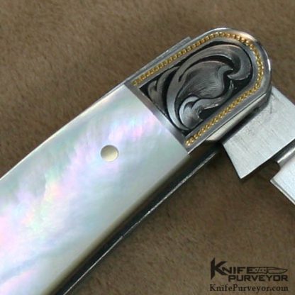 Eugene Shadley Custom Knives Julie Warenski Engraved Mother of Pearl 2 Blade Wharncliff Whittler with Gold Pins & Gold Escutcheon - Image 4