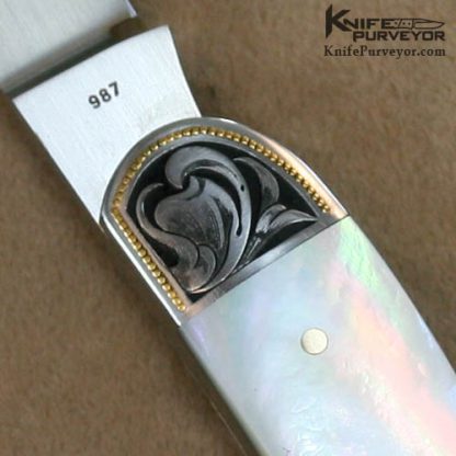 Eugene Shadley Custom Knives Julie Warenski Engraved Mother of Pearl 2 Blade Wharncliff Whittler with Gold Pins & Gold Escutcheon - Image 5