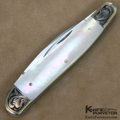 Eugene Shadley Custom Knives Julie Warenski Engraved Mother of Pearl 2 Blade Wharncliff Whittler with Gold Pins & Gold Escutcheon - Image 3