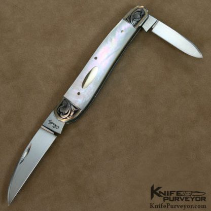 Eugene Shadley Custom Knives Julie Warenski Engraved Mother of Pearl 2 Blade Wharncliff Whittler with Gold Pins & Gold Escutcheon