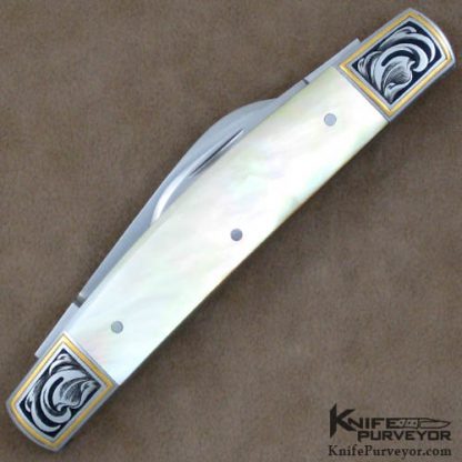 Eugene Shadley Custom Knife Julie Warenski Engraved Gold Lip Pearl 3-Bladed Slipjoint - Image 3
