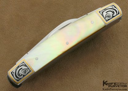 Eugene Shadley Custom Knife Julie Warenski Engraved Gold Lip Pearl 3-Bladed Slipjoint - Image 4