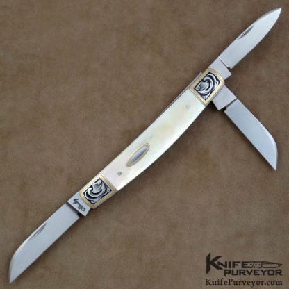Eugene Shadley Custom Knife Julie Warenski Engraved Gold Lip Pearl 3-Bladed Slipjoint