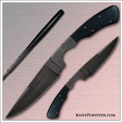 Shane Taylor's Custom Knife: Master Smith Blued Sole Authorship Damascus and African Blackwood Batwing #007