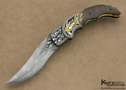 Shane Taylor Custom Knife Sole Authorship Engraved & Damascus Mammoth Ivory Flipper Linerlock