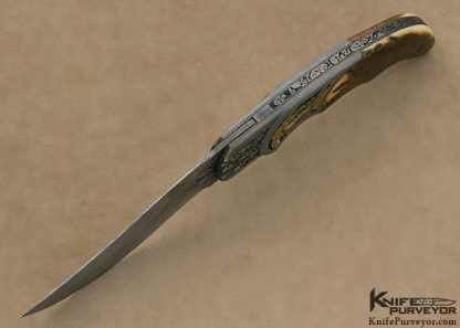 Shane Taylor Custom Knife Sole Authorship Engraved & Damascus Mammoth Ivory Flipper Linerlock - Image 9