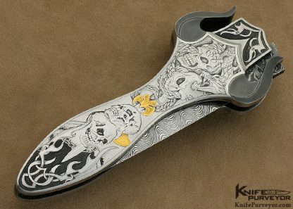 Shaun & Sharla Hansen Custom Knife Sole Authorship Damascus Engraved Automatic Knife - Image 3