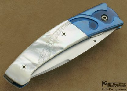 Skalja Knives Custom Knife Carved & Stippled Mother of Pearl Shell & Anodized Titanium Linerlock - Image 3