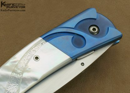 Skalja Knives Custom Knife Carved & Stippled Mother of Pearl Shell & Anodized Titanium Linerlock - Image 4