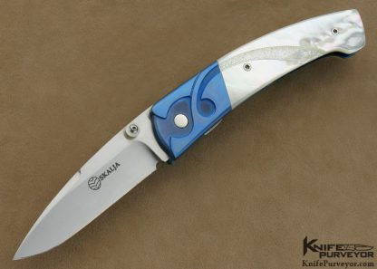 Skalja Knives Custom Knife Carved & Stippled Mother of Pearl Shell & Anodized Titanium Linerlock