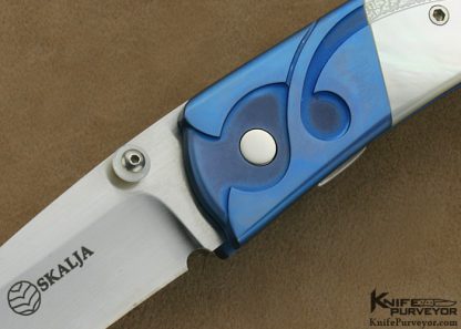 Skalja Knives Custom Knife Carved & Stippled Mother of Pearl Shell & Anodized Titanium Linerlock - Image 2