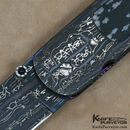 Rick Dunkerley Custom Knife Sole Authorship Damascus and Snow Flake Obsidian Linerlock - Image 2