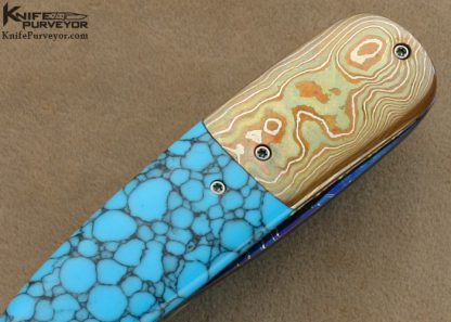 Theuns Prinsloo Custom Knife Blued Damascus, Mokume & Reconstituted Lapis Lazuli Liner Lock - Image 4