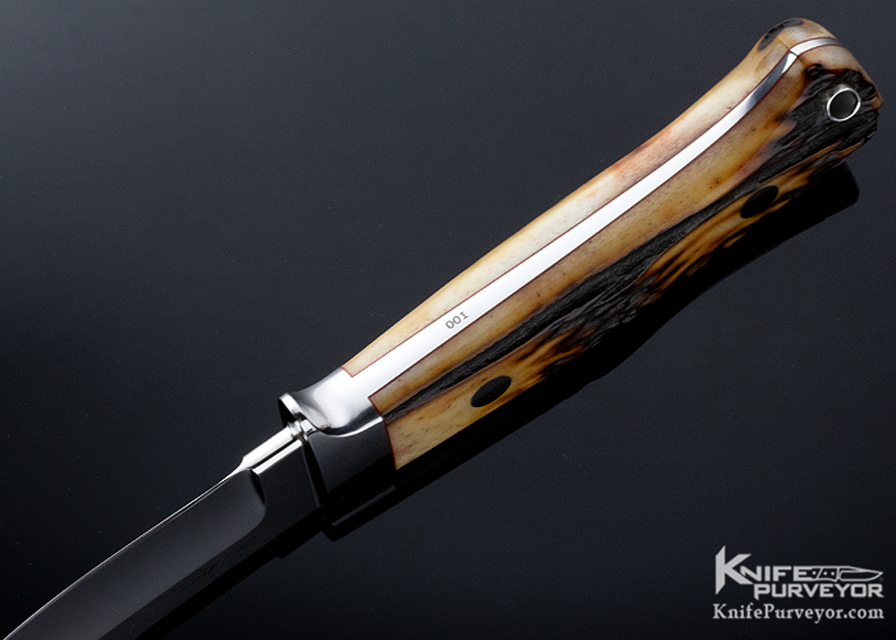 SR Johnson Custom Knife Amber Stag 001 Double Ground Double Signature Logo Upswept Skinner 18342