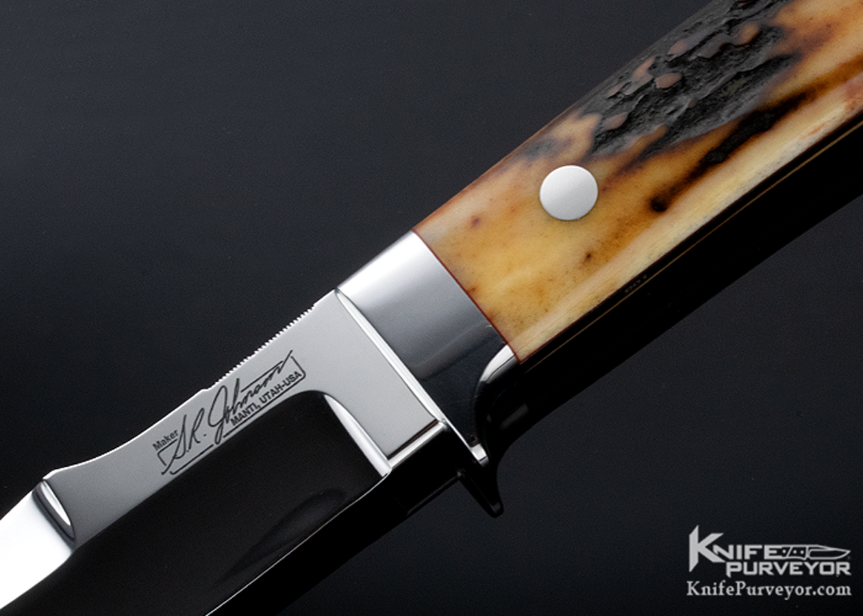 SR Johnson Custom Knife Amber Stag 001 Double Ground Double Signature Logo Upswept Skinner - Image 2