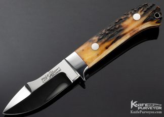 SR Johnson Custom Knife Amber Stag 001 Double Ground Double Signature Logo Upswept Skinner 18342