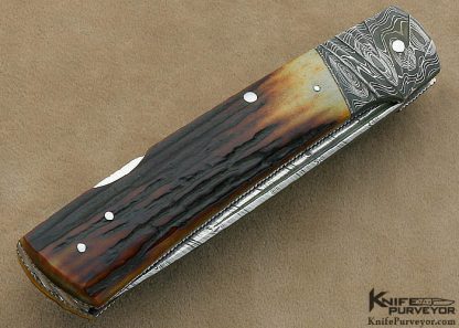 Ken Steigerwalt Custom Knife Carved Damascus & Amber Stag Lockback - Image 3