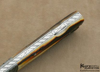 Ken Steigerwalt Custom Knife Carved Damascus & Amber Stag Lockback - Image 7