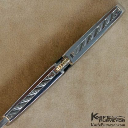 Ken Steigerwalt Custom Knife Fluted Black Lip Pearl and Carved Steel "Icarus Lockback" - Image 4
