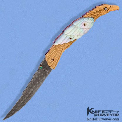 Stephen Olszewski Custom Knife Mother of Pearl and Jerry Rados Damascus 14Kt Gold Eagle Linerlock