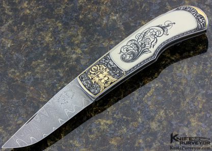 Steve Hoel Custom Knife Scrimshawed Mammoth Interframe Lockback Engraved with Sculpted Built Up 24Kt Gold by Franz Marktl
