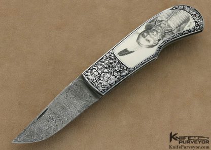 Steve Hoel Custom Knife Bob Engnath Scrimshawed Pre-ban Elephant Ivory Interframe Lockback Engraved by Franz Marktl