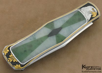 Steve Hoel Custom Knife 9 Inlay Burmese Jade Sunburst Jumbo Coke Bottle Lockback Engraved by Jon Robyn - Image 4
