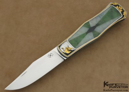Steve Hoel Custom Knife 9 Inlay Burmese Jade Sunburst Jumbo Coke Bottle Lockback Engraved by Jon Robyn