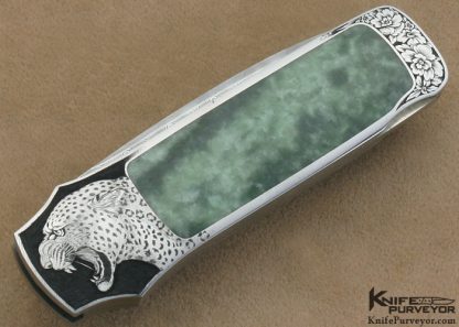 Steve Hoel Custom Knife Angelo Galeazzi Engraved Mike Norris Stainless Steel Damascus & Burmese Jade Interframe Lockback Dagger - Image 3