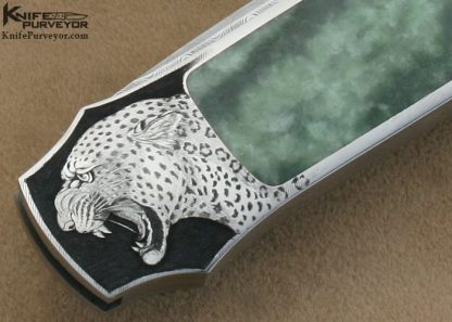 Steve Hoel Custom Knife Angelo Galeazzi Engraved Mike Norris Stainless Steel Damascus & Burmese Jade Interframe Lockback Dagger - Image 5