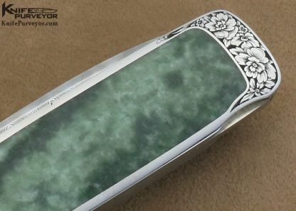 Steve Hoel Custom Knife Angelo Galeazzi Engraved Mike Norris Stainless Steel Damascus & Burmese Jade Interframe Lockback Dagger - Image 4