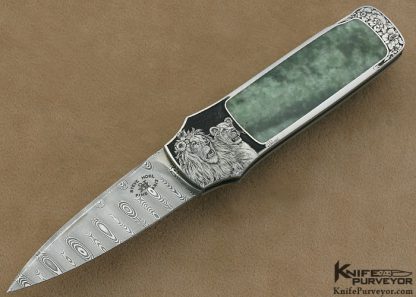 Steve Hoel Custom Knife Angelo Galeazzi Engraved Mike Norris Stainless Steel Damascus & Burmese Jade Interframe Lockback Dagger