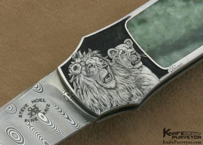Steve Hoel Custom Knife Angelo Galeazzi Engraved Mike Norris Stainless Steel Damascus & Burmese Jade Interframe Lockback Dagger - Image 2