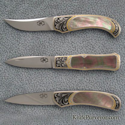 Steve Hoel Custom Knife Set of Three Blacklip Pearl Lockbacks  Engraved by Julie Warenski
