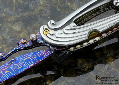 Suchat Jangtanong Custom Knife Carved and Heat Blued Chad Nichols Damascus with Diamonds, Carved Stainless Bolsters Lockback - Image 2