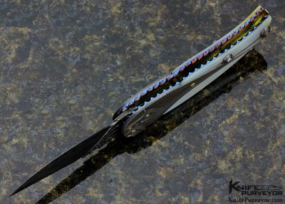 Suchat Jangtanong Custom Knife Chad Nichols Damascus, 6A14v Anodized Titanium and Mother of Pearl Shell w/Diamonds - Image 7