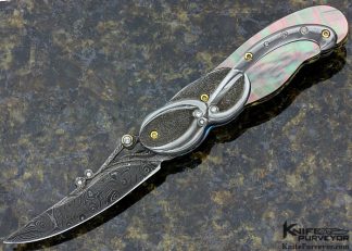 Suchat Jangtanong Custom Knife Chad Nichols Damascus Carved 416 Stainless Steel with Tahitian Black Lip Pearl Shell with Diamonds Inset 15801