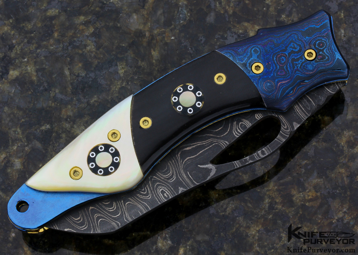 Suchat Jangtanong Custom Knife Damascus, Black Buffalo Horn & South Sea Gold Lip Pearl Linerlock - Image 3