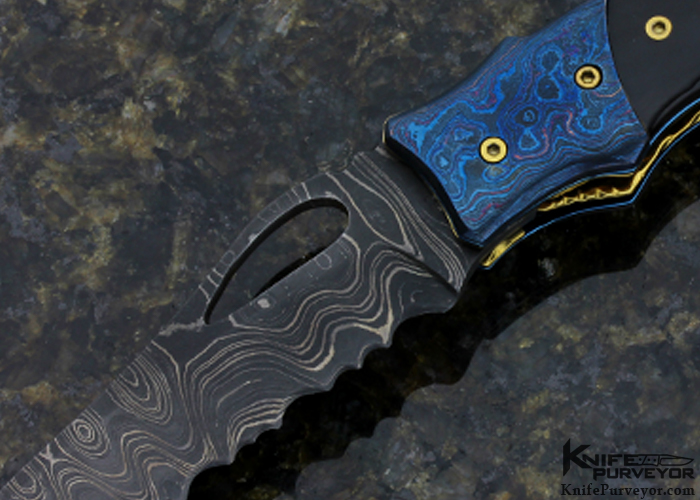 Suchat Jangtanong Custom Knife Damascus, Black Buffalo Horn & South Sea Gold Lip Pearl Linerlock - Image 2