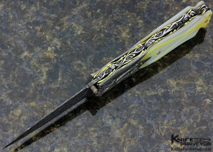 Suchat Jangtanong Custom Knife Carved Chad Nichols Damascus with Diamonds, Yellow Lip Pearl Lockback - Image 4